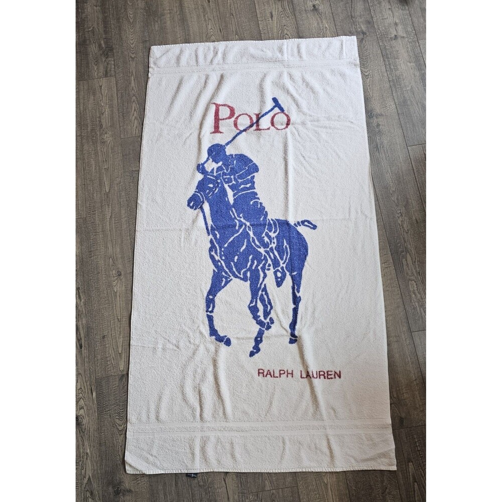 Vintage Polo Ralph Lauren Logo Horse Beach Towel White 65" x 34" USA Made